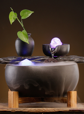 简约现代小型流水招财摆件创意陶瓷喷泉加湿器室外客厅桌面装饰品