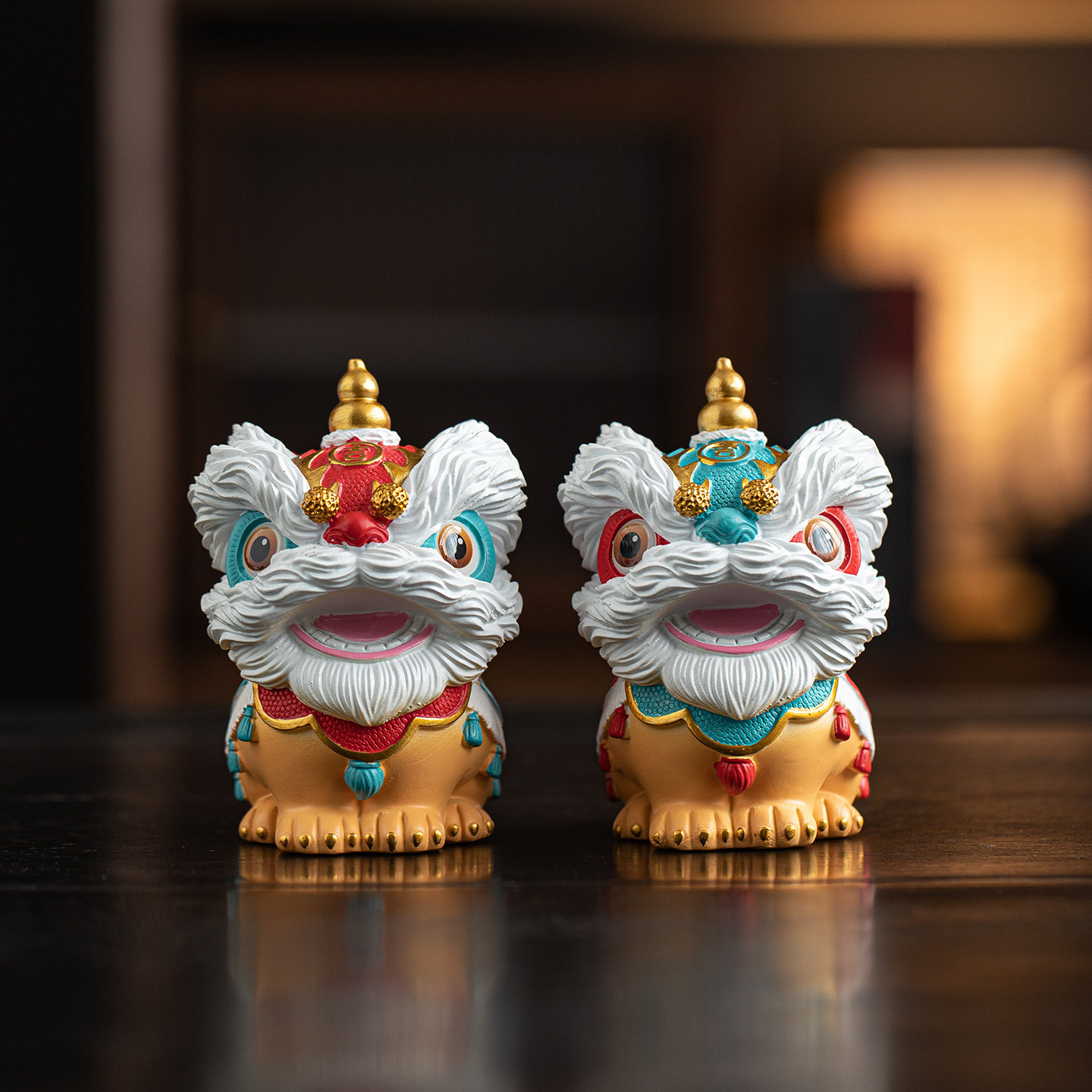 新中式招财醒狮一对桌面摆件装饰图片