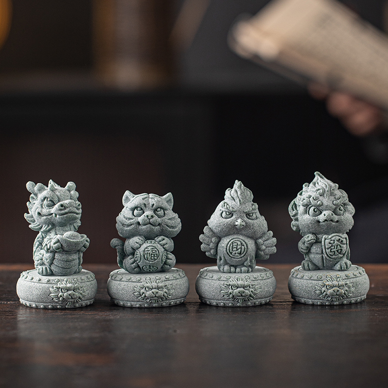 青砂石招财国潮桌面四大神兽摆件