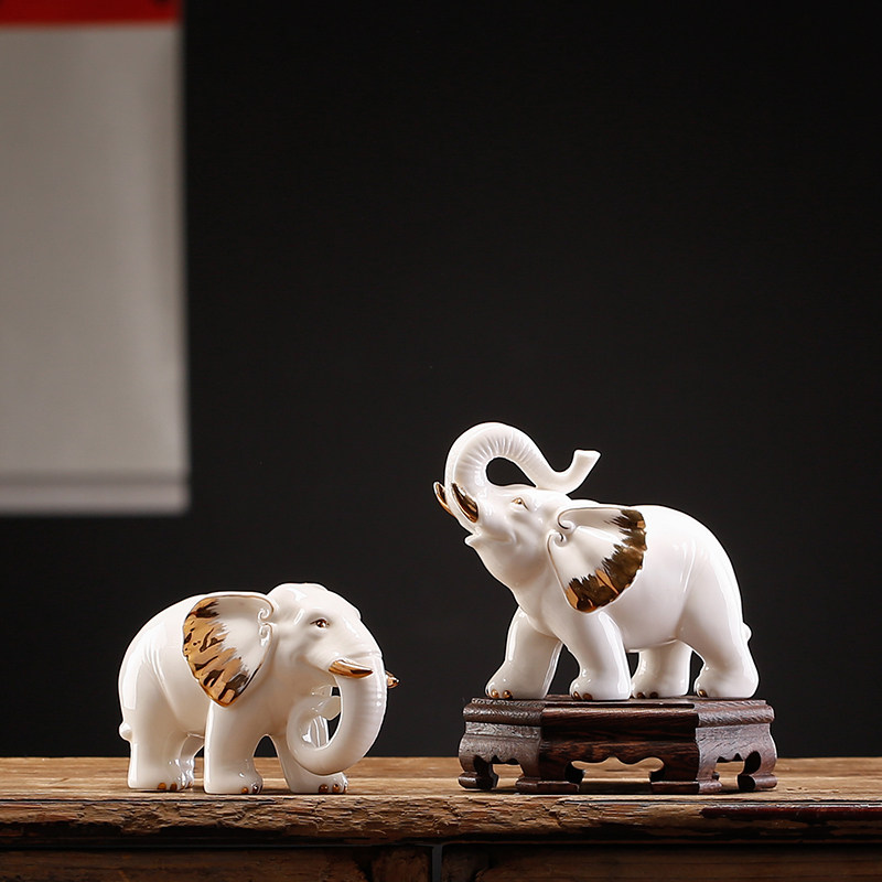 创意大象一对吉祥如意陶瓷摆件中式家居客厅桌面电视柜酒柜装饰品