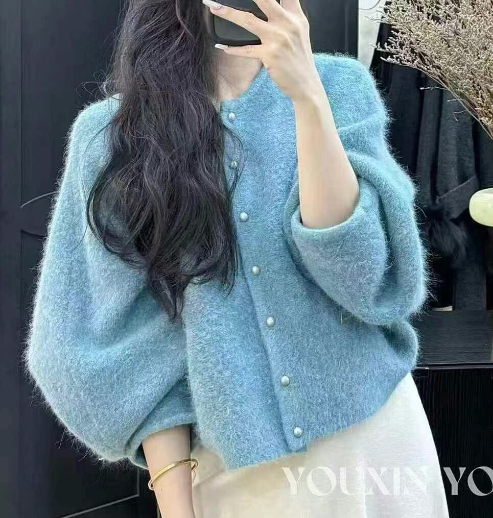 2025秋冬新款韩版宽松显瘦圆领长袖针织开衫女百搭毛衣上衣