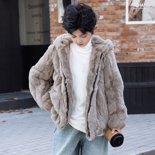 儿童獭兔毛男童真皮草拉链外套