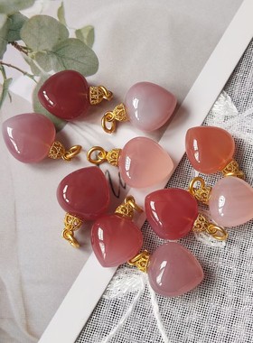 蜜桃粉绯红爱心玛瑙吊坠天然盐源滴流diy手串项链铜镀金配件13mm