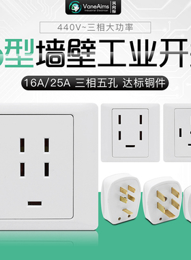 三相五孔插座25A大功率五线440V空调86型墙壁工业五芯电源16A380V
