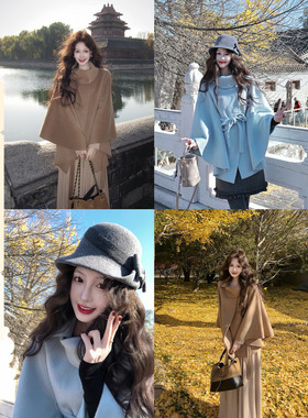 吃绿色菜【千穗】富家千金感双面羊毛斗篷外套冬季毛呢大衣女