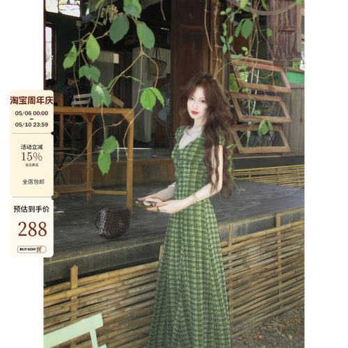 吃绿色菜A摆长款连衣裙女