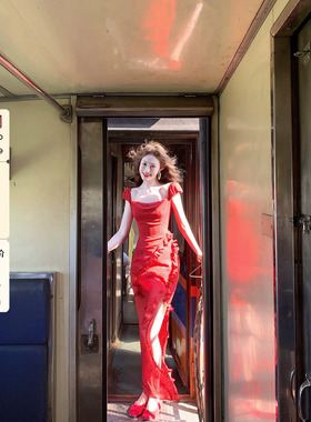 吃绿色菜【绯红炽夏】法式复古红色重工多层木耳边波点连衣裙女