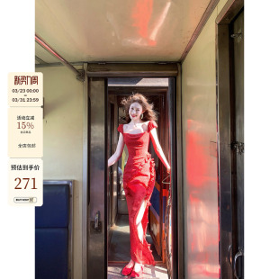 复古红色重工多层木耳边波点连衣裙女 法式 吃绿色菜 绯红炽夏