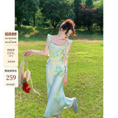度假风缎面设计感荡领连衣裙女夏季 法式 玫瑰氧气 吃绿色菜