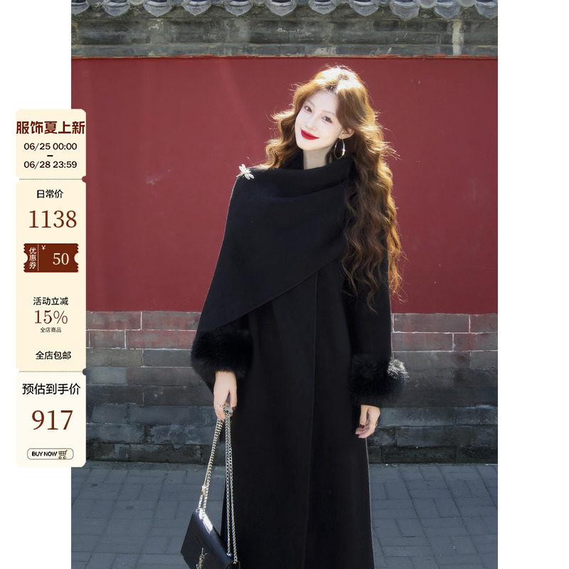 吃绿色菜【凛冬|领50元券】秋冬围巾披肩双面尼羊毛大衣外套