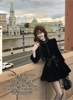 吃绿色菜【伯拉德千金】赫本风黑色丝绒长袖连衣裙秋季