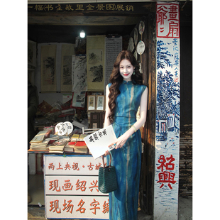 改良旗袍无袖 新中式 立领显瘦连衣裙 蓝茵