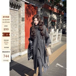 设计收腰羊毛外套立领双面呢大衣 韩系针织拼接袖 吃绿色菜 冬绒