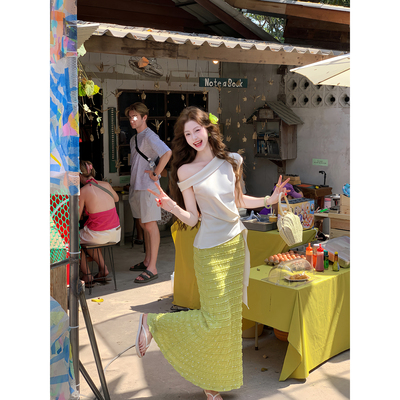 吃绿色菜鱼尾裙中长碎花半身裙