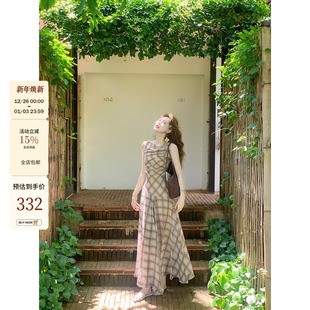 格纹无袖 法式 大裙摆轻薄显瘦垂感连衣裙配内搭 千岛 吃绿色菜