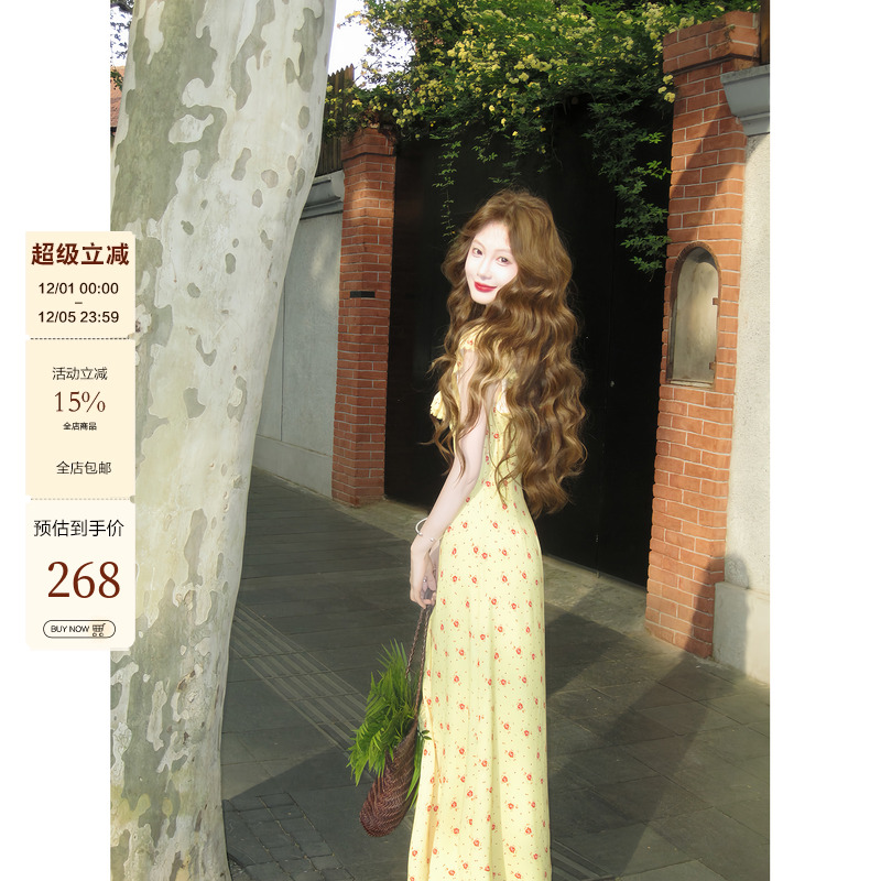 法式碎花木耳边蕾丝奶酪黄连衣裙