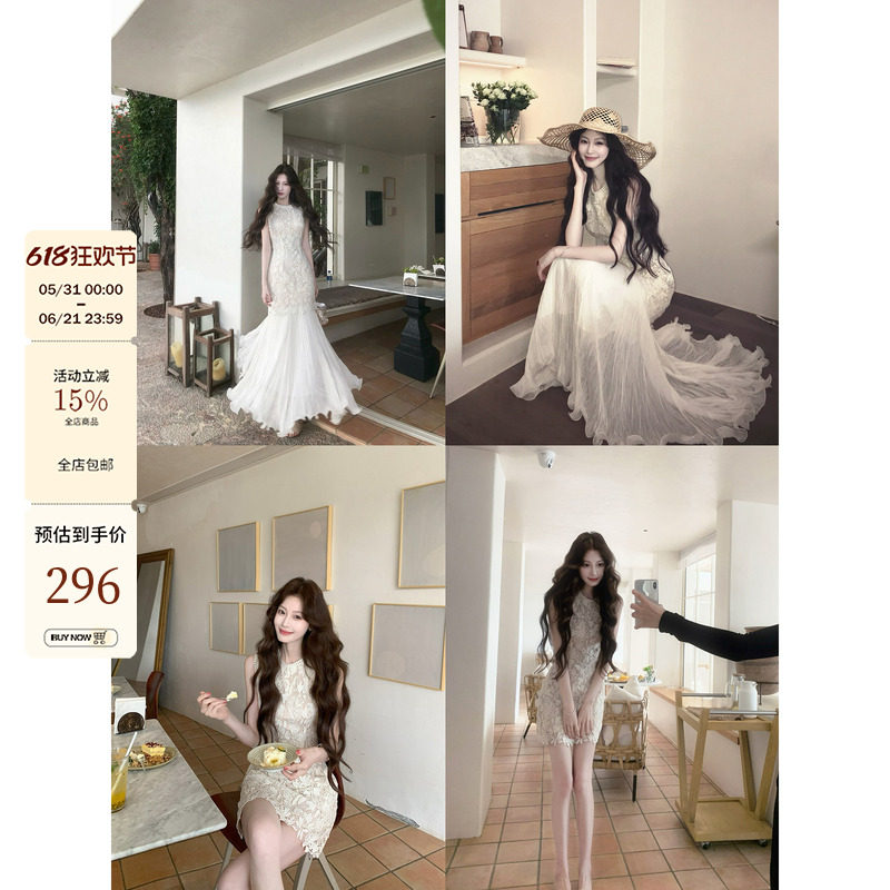 吃绿色菜【云芷】法式高级知性重工镂空蕾丝连衣裙女无袖修身款