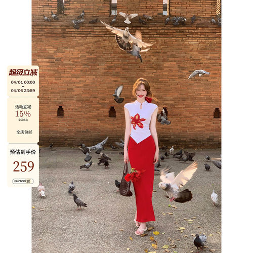 新中式du家手绘红色印花T恤半裙