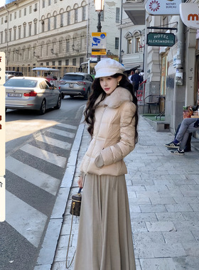 吃绿色菜【小腰精2.0】20元券】大翻领系带收腰90白鸭绒短羽绒服