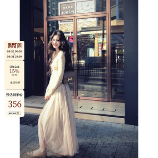 吃绿色菜 古早感复古蝴蝶结绒感蕾丝长裙拼接网纱连衣裙 莉安娜