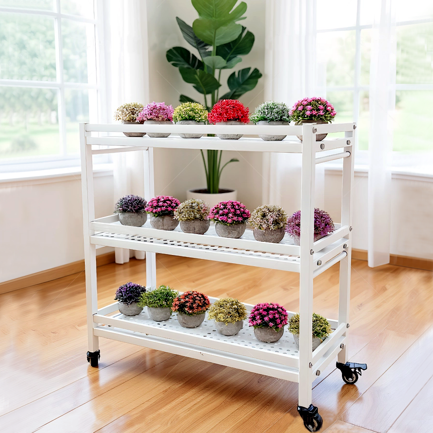 3层不锈钢花架绿植花盆多层盆景金属带轮推车落地阳台白色置物架