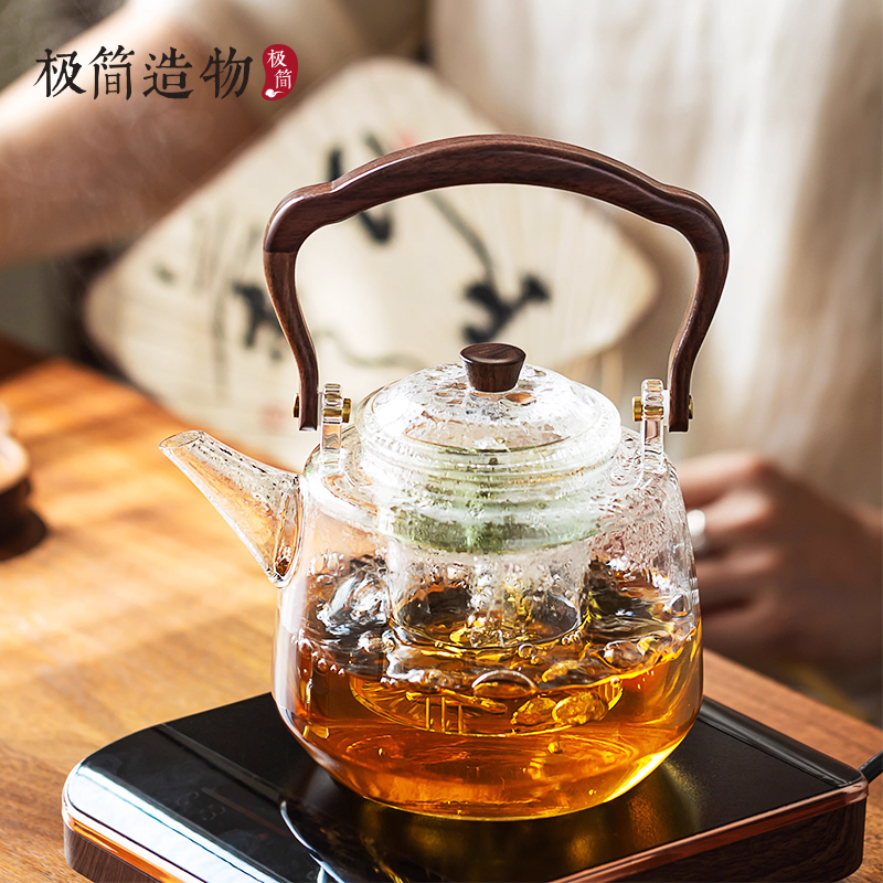 胡桃木纯钛茶仓蒸煮提梁玻璃壶