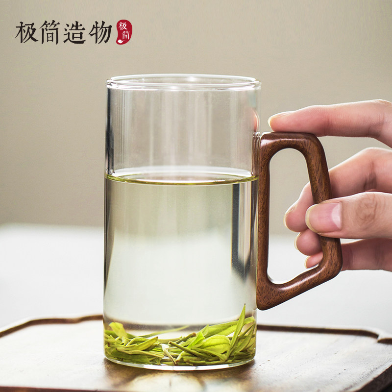 胡桃木把加厚耐高温玻璃茶杯图片