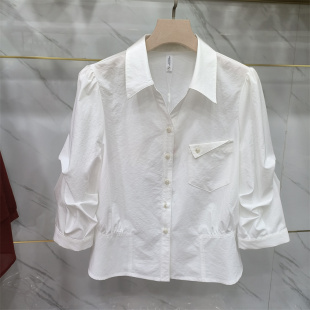 收腰白色衬衫 小衫 女春季 翻领九分袖 减龄百搭上衣 显瘦短款 时尚