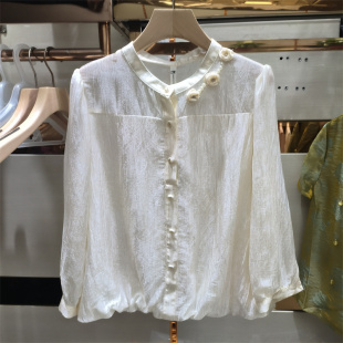 女珍珠扣圆领显瘦减龄气质上衣妈妈女装 法式 温柔风白色雪纺衬衫