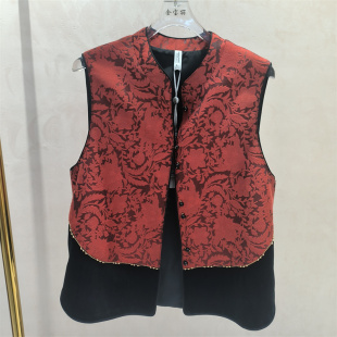 商场同款 2026新中式 单排扣提花马甲女复古红色拼接国风马甲外穿