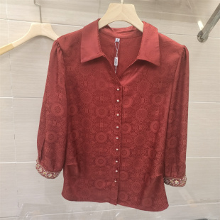 提花衬衫 国风衬衣红色气质上衣妈妈女装 女春季 时尚 翻领长袖 新中式