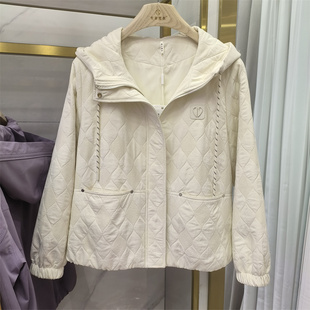 显瘦休闲夹克轻薄上衣 菱格纹连帽短外套女春季 专柜正品 韩版