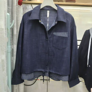 复古拼接风翻领格子假两件牛仔衬衫 夹克 女宽松显瘦短款