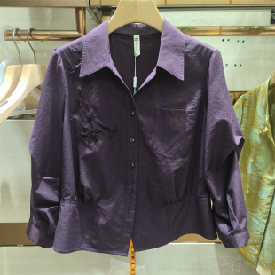 衬衣中年妈妈女装 翻领紫色显瘦百搭上衣时尚 女长袖 通勤风刺绣衬衫