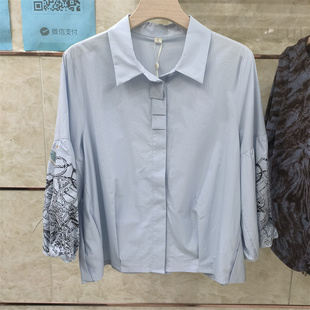 女装 女翻领宽松百搭洋气减龄上衣实体同款 印花衬衫 休闲风灯笼袖