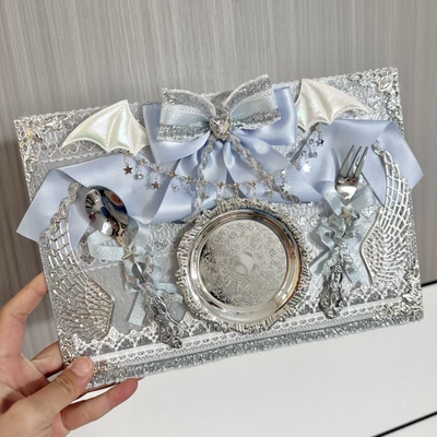 原创银色蝴蝶结扎板餐盘成品