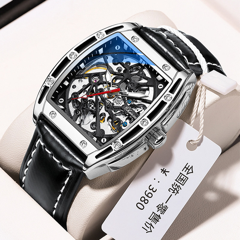 瑞士正品全自动机械手表男士十大品牌运动型镂空酒桶形方形表男款