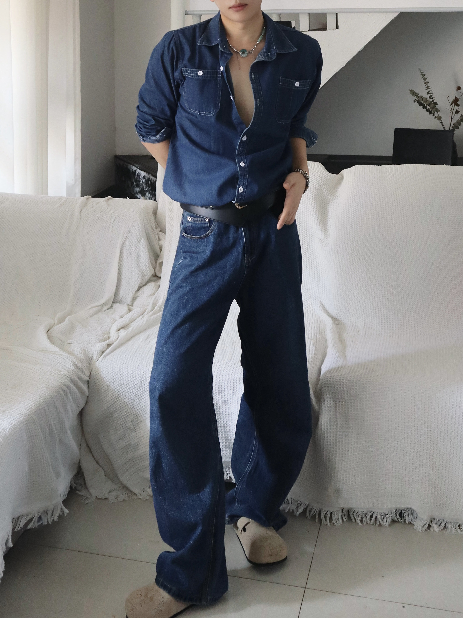 SHR潮百万港风/春秋四季复古水洗做旧牛仔长裤男直筒黑蓝色老爹裤
