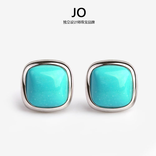 新货方形天然原矿蓝松石小巧耳钉