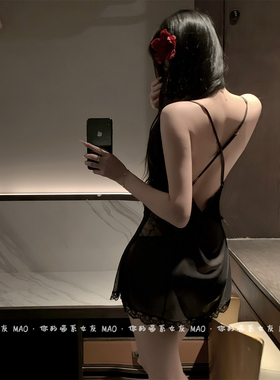 月光花园*蕾丝网纱性感吊带睡裙女纯欲美背诱惑透视睡衣家居服装