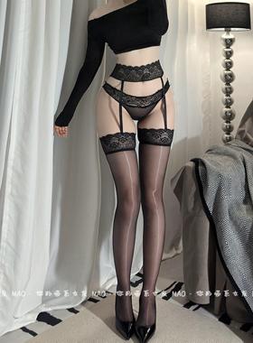 孔雀*极光油亮丝袜蕾丝长筒袜性感油光超薄吊带袜女3D红边黑丝袜