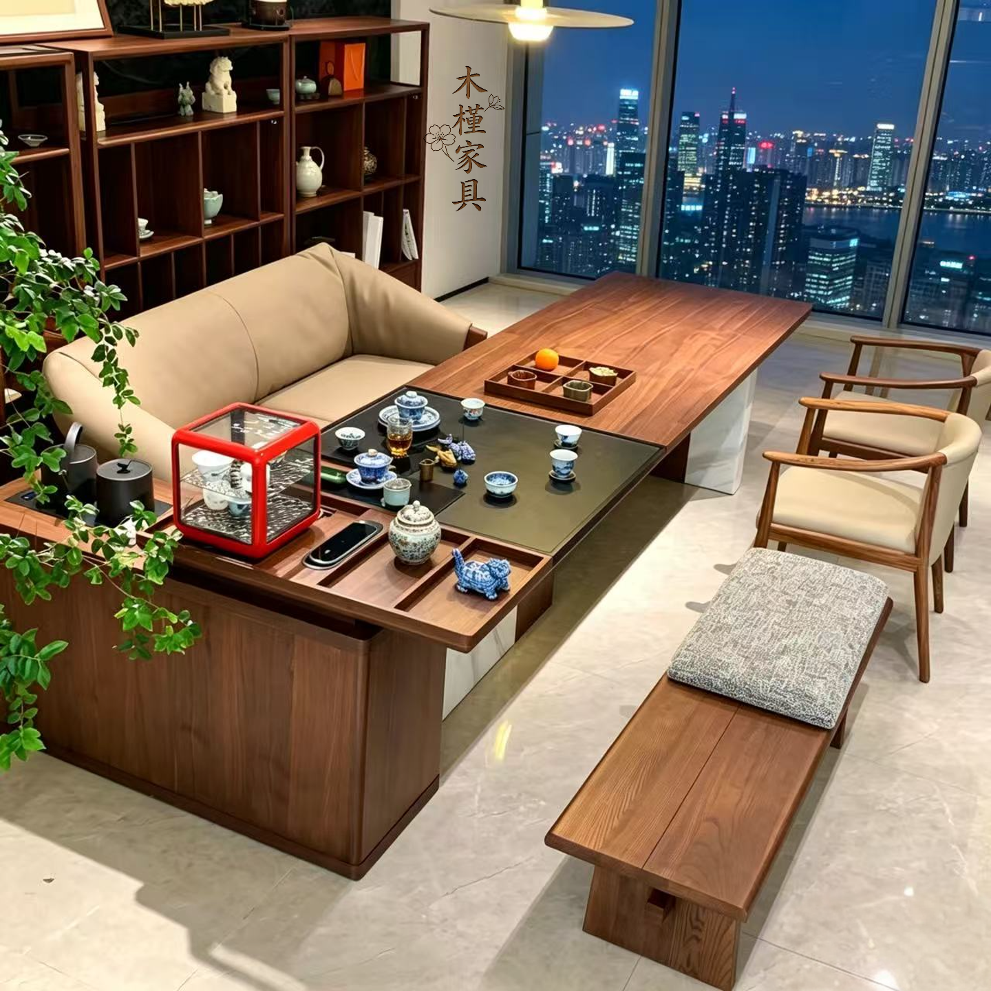 现代简约黑胡桃木实木茶桌椅组合茶台轻奢别墅茶室泡茶桌办公一体