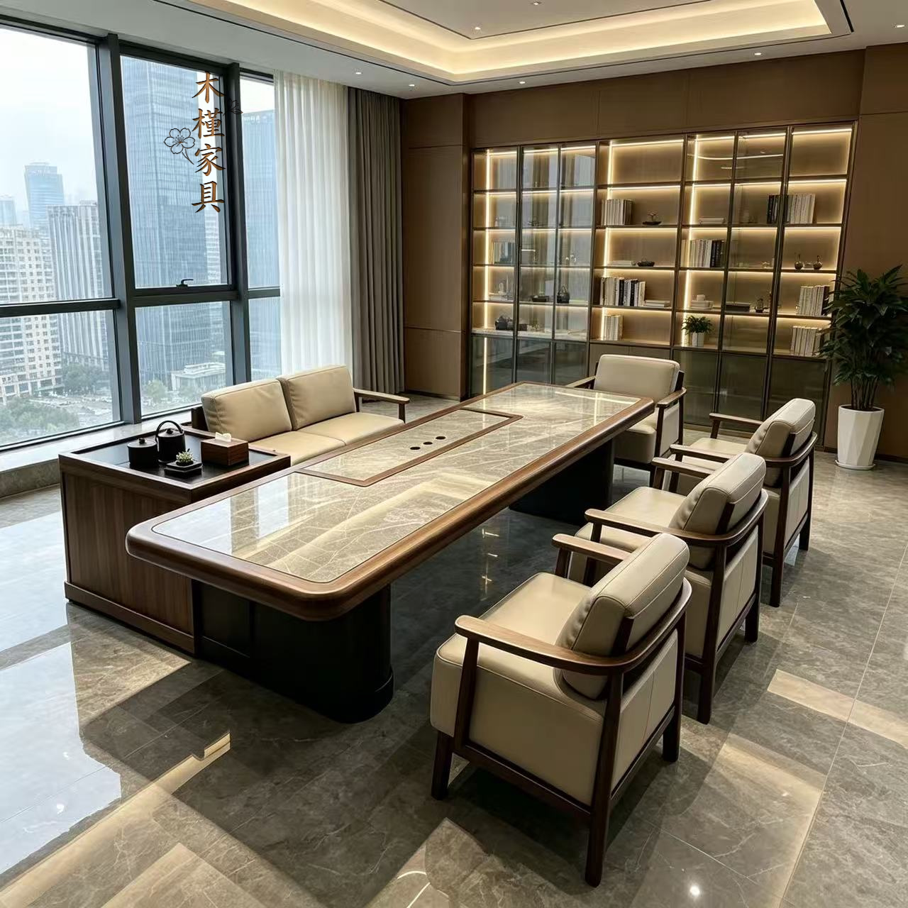 现代简约岩板茶桌椅组合黑胡桃木办公室实木老板桌泡茶台定制家具