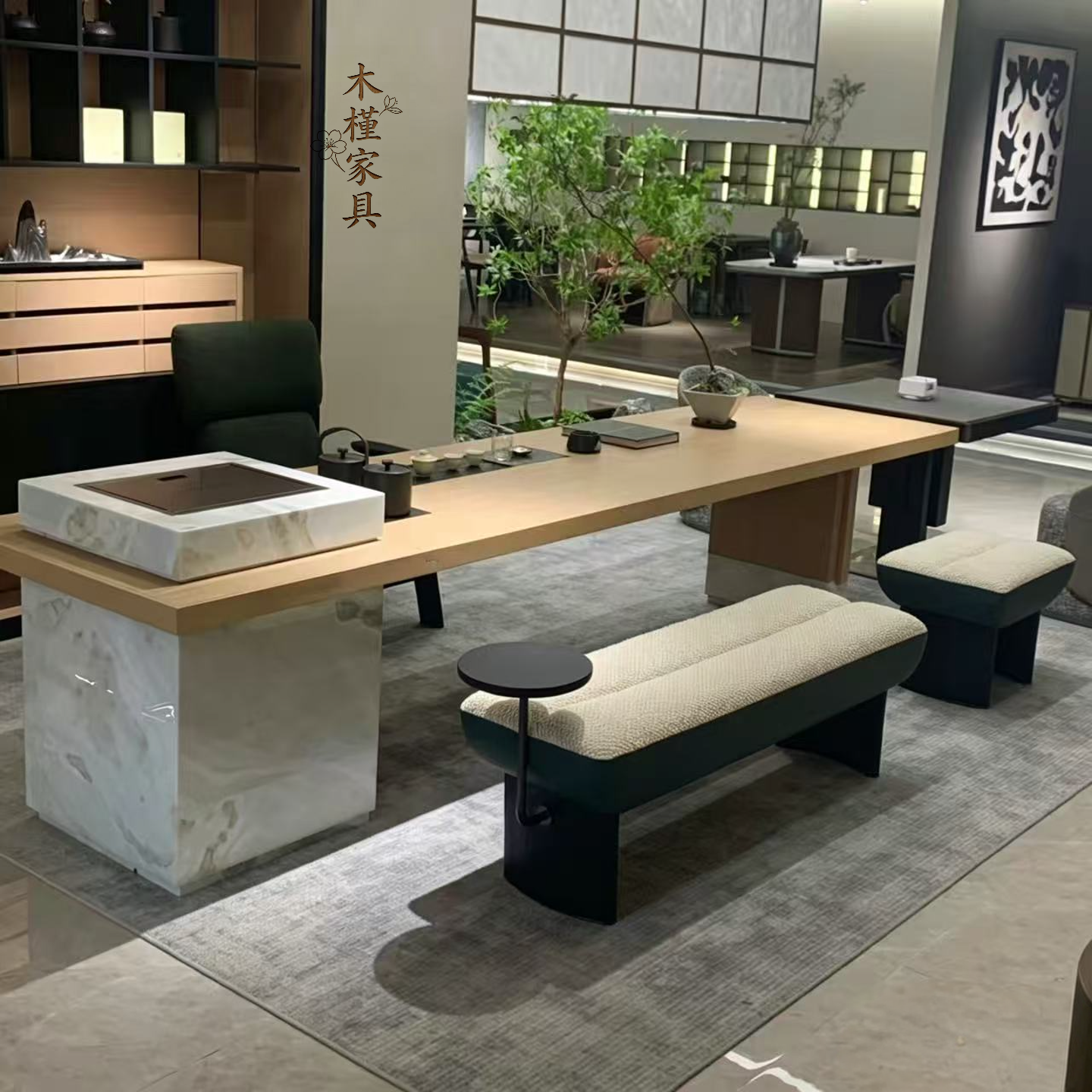 新中式实木泡茶桌黑胡桃木2026新款高端办公室茶桌岛台岩板茶台