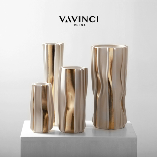 梵其现代简约手工陶瓷花瓶条纹波点花器摆件样板间售楼处民宿软装