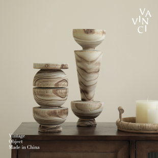 梵其侘寂风创意实木纹几何装 饰摆件中古艺术样板房间酒店民宿摆设