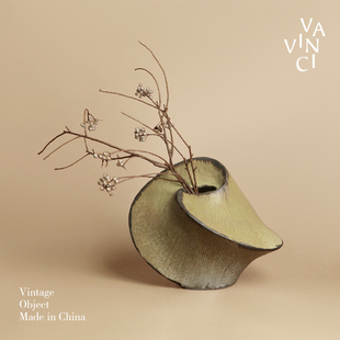 梵其侘寂风陶瓷肌理线条禅意花瓶摆件复古民宿玄关茶空间艺术花器