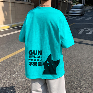 505-1-Y068夏季百搭休闲纯棉短袖T恤男港风宽松中性风绿色