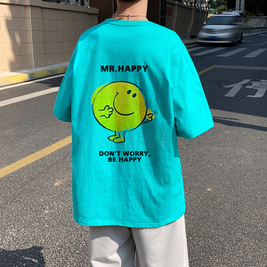 505-1-Y088 今年新款笑脸中性风情侣宽松印花短袖T恤白色图片