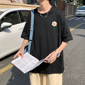 505-1-Y138t恤男夏季新款港风小花印花短袖中性风情侣宽松黑图片